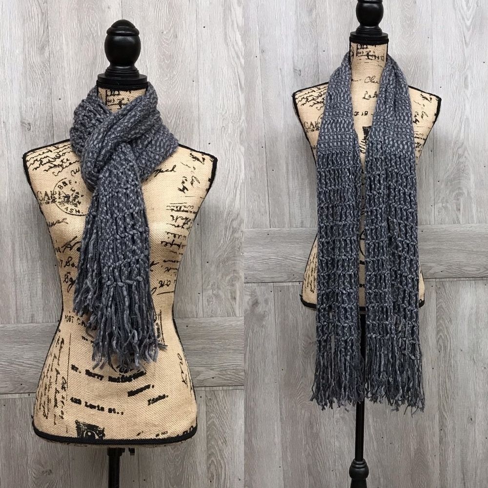 Gray Crochet Long Scarf With Fringe